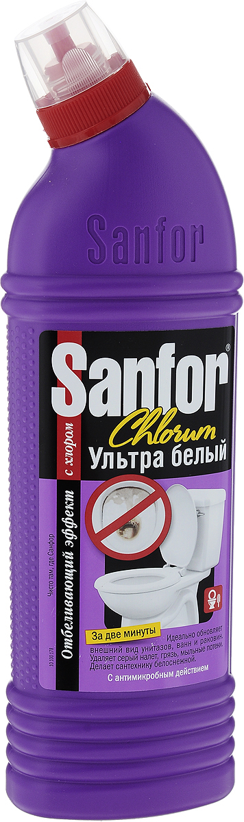 Средство для чистки ванн и унитазов Sanfor Chlorum, с хлором, 750 мл391602 Средство для чистки ванн и унитазов Sanfor Chlorum, с хлором, 750 мл391602Специальная формула Sanfor Chlorum с содержанием хлора в допустимых количествах одинаково хорошо подходит для чистки ванн и унитазов. Эффективно удаляет серый налет, въевшуюся грязь, мыльные потеки. Мгновенно, без длительных выдерживаний придает поверхностям первоначальную белизну. Благодаря загущенной формуле равномерно распределяется и не стекает с наклонных поверхностей. Можно использовать для чистки душевых кабин, раковин, керамической плитки, настенных панелей, напольных покрытий. Обладает антимикробными свойствами. Хлор – наиболее эффективное дезинфицирующее вещество. Состав: 5 % или более, но менее 15 % - гипохлорит натрия (калия), менее 5 % - АПАВ и НПАВ, мыло на основе натуральных жирных кислот, щелочь, ароматизатор.Товар сертифицирован.