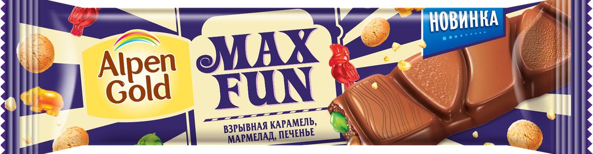Alpen Gold Max Fun шоколад молочный со взрывной карамелью, мармеладом и печеньем, 38 г4006063 Alpen Gold Max Fun шоколад молочный со взрывной карамелью, мармеладом и печеньем, 38 г4006063Нежный молочный шоколад с хрустящей карамелью со вкусом апельсина, кусочками овсяного печенья и фруктового мармелада. Такое оригинальное лакомство понравится и взрослым, и детям!