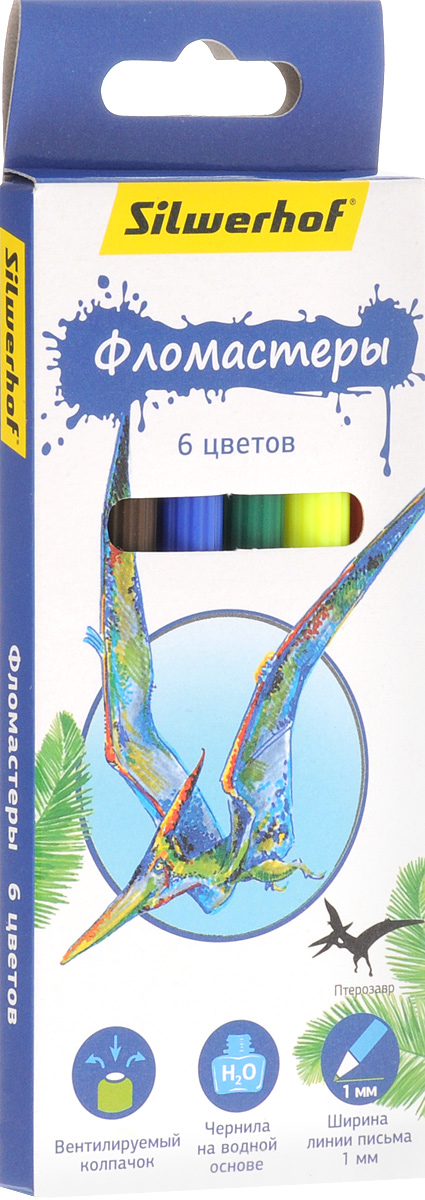Silwerhof Фломастеры Динозавры 6 цветов867201-06 Silwerhof Фломастеры Динозавры 6 цветов867201-06Фломастеры Silwerhof Динозавры - это 6 ярких насыщенных цветов в разноцветных пластиковых корпусах (цвет корпуса соответствует цвету чернил). Каждый фломастер оснащен плотным вентилируемым колпачком, защищающим чернила от испарения. Чернила изготовлены на водной основе. Легко отстирываются и смываются с рук. Фломастеры Silwerhof - идеальный инструмент для самовыражения и развития маленького художника!