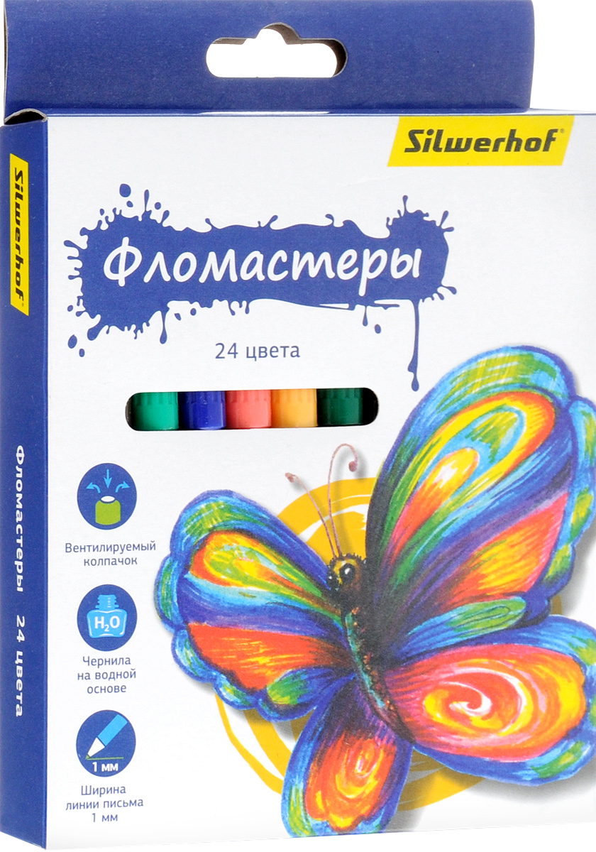 Silwerhof Фломастеры Бабочки 24 цвета867200-24 Silwerhof Фломастеры Бабочки 24 цвета867200-24Набор Silwerhof Бабочки - это 24 фломастера ярких насыщенных цветов в разноцветных пластиковых корпусах (цвет корпуса соответствует цвету чернил). Каждый фломастер оснащен плотным вентилируемым колпачком, защищающим чернила от испарения. Чернила изготовлены на водной основе. Легко отстирываются и смываются с рук. Фломастеры Silwerhof - идеальный инструмент для самовыражения и развития маленького художника!