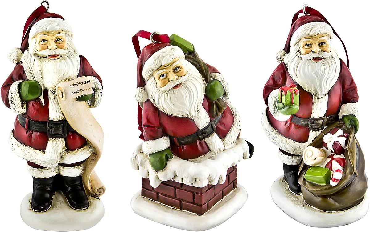 Набор новогодних подвесных украшений Mister Christmas Дед Мороз, высота 10 см, 3 шт531-401 Набор новогодних подвесных украшений Mister Christmas Дед Мороз, высота 10 см, 3 шт531-401Набор подвесных украшений Mister Christmas Дед Мороз прекрасно подойдет для праздничного декора новогодней ели. Набор состоит из двух украшений, выполненных из полистоуна. Для удобного размещения на елке для каждого украшения предусмотрена петелька. Елочная игрушка - символ Нового года. Она несет в себе волшебство и красоту праздника. Создайте в своем доме атмосферу веселья и радости, украшая новогоднюю елку нарядными игрушками, которые будут из года в год накапливать теплоту воспоминаний.Средняя высота украшений: 10 см.