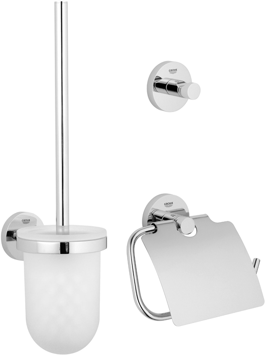 Набор аксессуаров для ванной комнаты Grohe Essentials, 3 предмета40407001 Набор аксессуаров для ванной комнаты Grohe Essentials, 3 предмета40407001Комплект аксессуаров Grohe Essentials, состоящий из крючка для банного халата, держателя для туалетной бумаги и комплекта с туалетным ершиком, представляет собой идеальный выбор для оснащения ванной комнаты. Изделия изготовлены из высококачественного металла и стекла. Все предметы разработаны в едином стиле и сочетают в себе универсальный дизайн, изысканные технологии изготовления и первоклассное качество. В комплект входит набор креплений для аксессуаров. Размер комплекта с туалетным ершиком: 40 х 12 х 9,5 см. Размер крючка для банного халата: 5,5 х 5,5 х 4,5 см. Размер держателя для туалетной бумаги: 17 х 4,5 х 12 см.