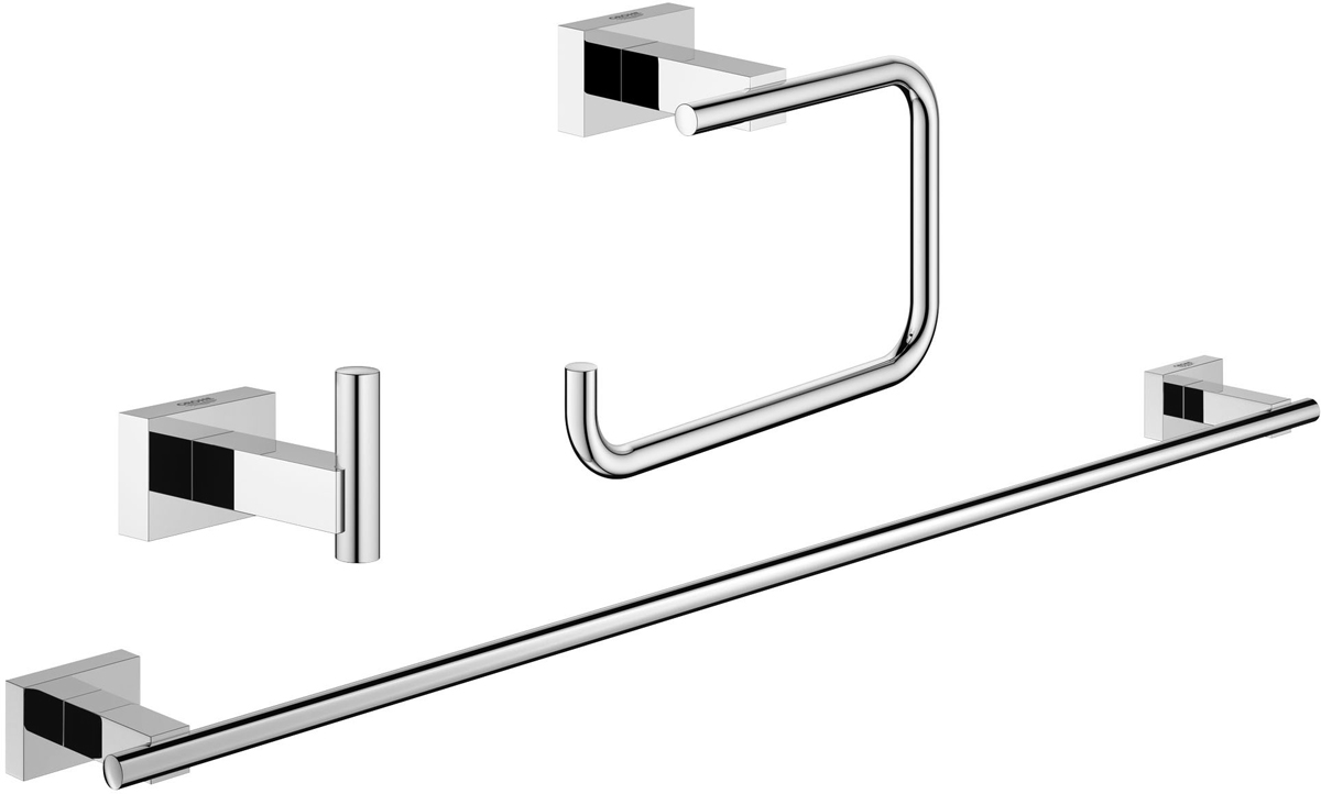 Набор аксессуаров для ванной Grohe Essentials Cube, 3 предмета40777001 Набор аксессуаров для ванной Grohe Essentials Cube, 3 предмета40777001Набор аксессуаров для ванной Grohe Essentials Cube, изготовленный из латуни, состоит из крючка для халата, держателя для туалетной бумаги (с крышкой) и держателя для полотенца. Этот комплект аксессуаров станет идеальным выбором для вашей ванной комнаты. Все детали комплекта выполнены в дизайне, который не устареет со временем, а также покорит вас качеством исполнения. Изделия изготовлены с нанесением износостойкого покрытия Grohe StarLight®, устойчивого к царапинам и загрязнению. Покрытие, выполненное по специальным технологиям, придает изделию сияющий вид. Аксессуары крепятся к стене при помощи шурупов, входящих в комплект.