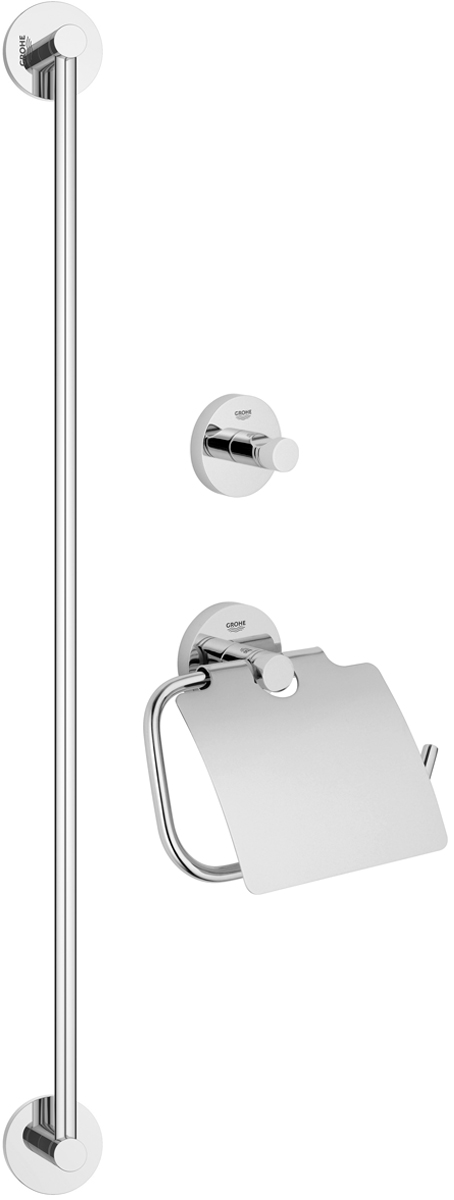 Набор аксессуаров для ванной комнаты Grohe Essentials, 3 предмета. 4077500140775001 Набор аксессуаров для ванной комнаты Grohe Essentials, 3 предмета. 4077500140775001Набор аксессуаров для ванной комнаты Grohe Essentials включает держатель для банного полотенца, крючок для банного халата и держатель для туалетной бумаги с козырьком. Изделия выполнены из латуни с хромированным покрытием. Благодаря специальной технологии Grohe StarLight покрытие обеспечивает сияющий блеск на протяжении всего срока службы. Кроме того, оно отталкивает грязь, не тускнеет и обладает высокой степенью износостойкости. Все предметы крепятся к стене (крепежные элементы поставляются в комплекте). Благодаря неизменно актуальному дизайну и долговечному хромированному покрытию, такой набор отлично дополнит интерьер ванной комнаты, воплощая собой изысканный стиль и превосходное качество. Размер держателя для туалетной бумаги: 17 х 4,5 х 14 см. Размер крючка для банного халата: 5,5 х 4,5 х 5,5 см. Длина держателя для банного полотенца: 65 см.