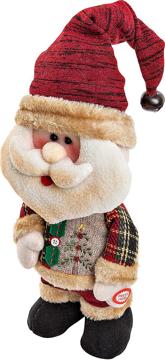 Игрушка новогодняя Mister Christmas Дед Мороз, электромеханическая, высота 33 смCHL-244SN Игрушка новогодняя Mister Christmas Дед Мороз, электромеханическая, высота 33 смCHL-244SNНовогодняя пляшущая и поющая игрушка Mister Christmas Дед Мороз послужит оригинальным подарком в преддверии Нового года. Внешний вид сувенира весьма незатейлив. Изделие выполнено в виде Деда Мороза и дополнено колпаком с бубенчиком. При нажатии игрушка начинает двигаться в такт песни (PSY - Gangnam Style). Несмотря на столь ритмичные движения, механизм игрушки прослужит очень и очень долго. Все материалы, входящие в состав игрушки, прошли тщательные проверки и отличаются высочайшим качеством. Так же стоит отметить и то, что все материалы экологичны и безопасны. Работает от батареек (входят в комплект). Собираясь на празднование Нового года, прихватите с собой новогоднюю музыкальную игрушку Mister Christmas Дед Мороз, ведь это подарок, который говорит сам за себя! Высота игрушки: 33 см.