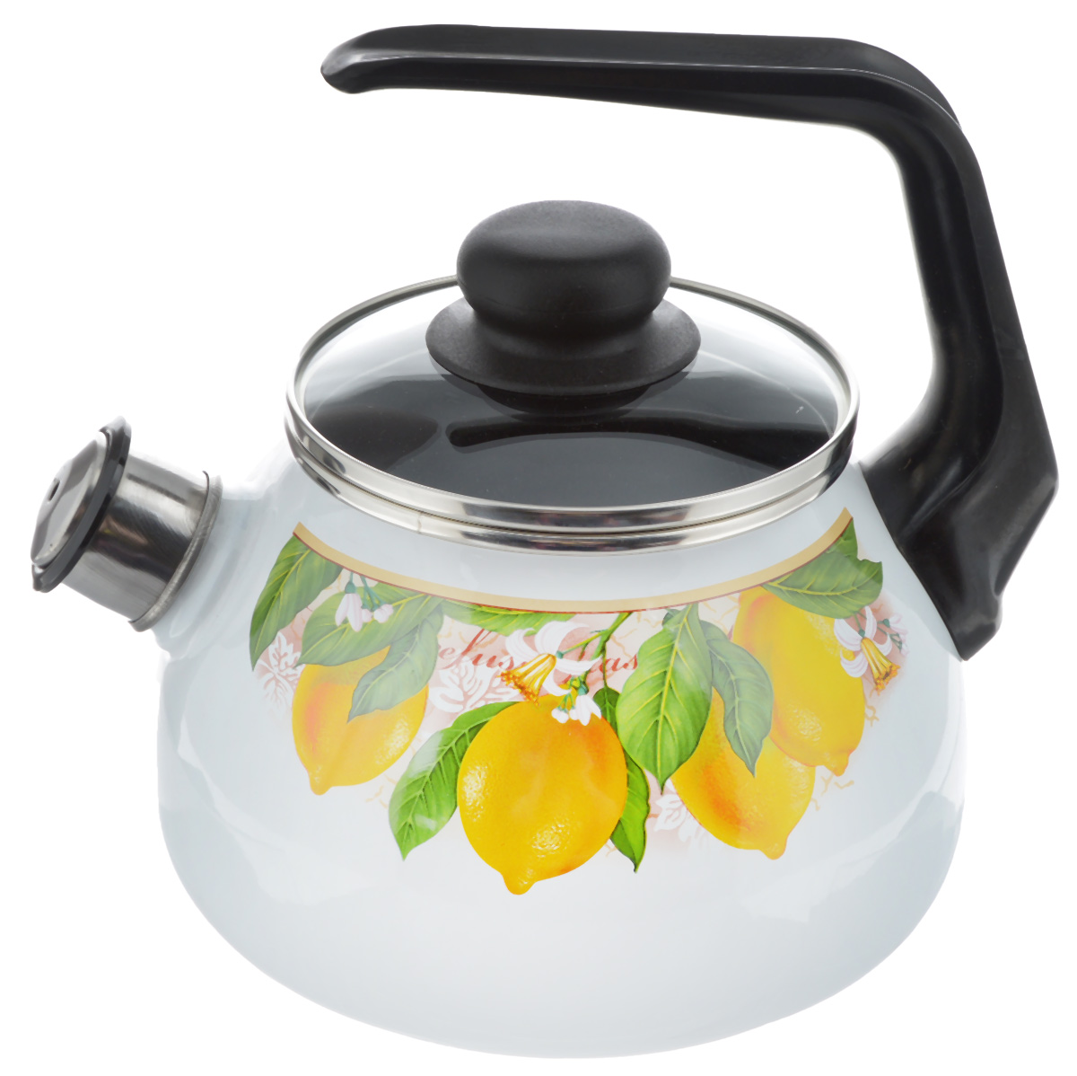 Чайник эмалированный Vitross Limon, со свистком, 2 л1RA12 Чайник эмалированный Vitross Limon, со свистком, 2 л1RA12Чайник эмалированный Vitross Limon изготовлен из высококачественного стального проката со стеклокерамическим эмалевым покрытием. Корпус оформлен красочным цветочным рисунком. Стеклокерамика инертна и устойчива к пищевым кислотам, не вступает во взаимодействие с продуктами и не искажает их вкусовые качества. Прочный стальной корпус обеспечивает эффективную тепловую обработку пищевых продуктов и не деформируется в процессе эксплуатации. Чайник оснащен удобной пластиковой ручкой черного цвета. Крышка чайника выполнена из стекла. Носик чайника с насадкой-свистком позволит вам контролировать процесс подогрева или кипячения воды. Чайник пригоден для использования на всех видах плит, включая индукционные. Можно мыть в посудомоечной машине. Диаметр (по верхнему краю): 12,5 см. Высота чайника (с учетом ручки): 21 см. Высота чайника (без учета ручки и крышки): 12,5 см.