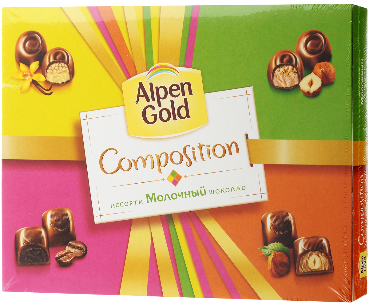 Alpen Gold Composition конфеты шоколадные ассорти, 142 г0120710 Alpen Gold Composition конфеты шоколадные ассорти, 142 г0120710Alpen Gold Composition ассорти представляет собой набор из четырех видов традиционных конфет. Это конфеты с шоколадной начинкой со вкусом капучино, ванильной начинкой и воздушным рисом, цельным фундуком в кремовой начинке, и дробленым фундуком в кремовой начинке. Сладости помещены в картонную коробку с пластиковым разделителем внутри. В коробке по пять конфет каждого вида.Уважаемые клиенты! Обращаем ваше внимание, что перечень типичного химического состава продукта представлен на дополнительном изображении.