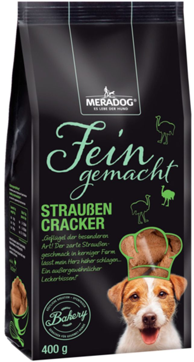 Лакомство для собак Meradog Straussencracker, со вкусом мяса страуса, 400 г0120710 Лакомство для собак Meradog Straussencracker, со вкусом мяса страуса, 400 г0120710Лакомства Meradog - это восхитительное хрустящее печенье, которое не оставит равнодушным ни одну собаку. Лакомства Meradog всегда помогут сделать вашего питомца счастливым, а особый вкус и аромат обязательно доставят ему море удовольствия, и он попросит еще. Лакомства идеально подойдут в качестве угощения и для дрессировки. Воспитание и дрессировка с вкусняшками Meradog приведут вас к цели быстрее, чем вы думаете.Лакомства для собак Meradog - это:- Полезные добавки к основному питанию.- Витамины и минералы, способствующие восстановлению баланса питательных веществ и укреплению здоровья собаки.- Отличная профилактика образования зубного камня и заболеваний полости рта.Побалуйте свою собаку - подарите ей заботу с Meradog.Состав: злаки, мясо и животные производные (4% страуса, высушенный), растительный белок, масла и жиры, минералы.Товар сертифицирован.