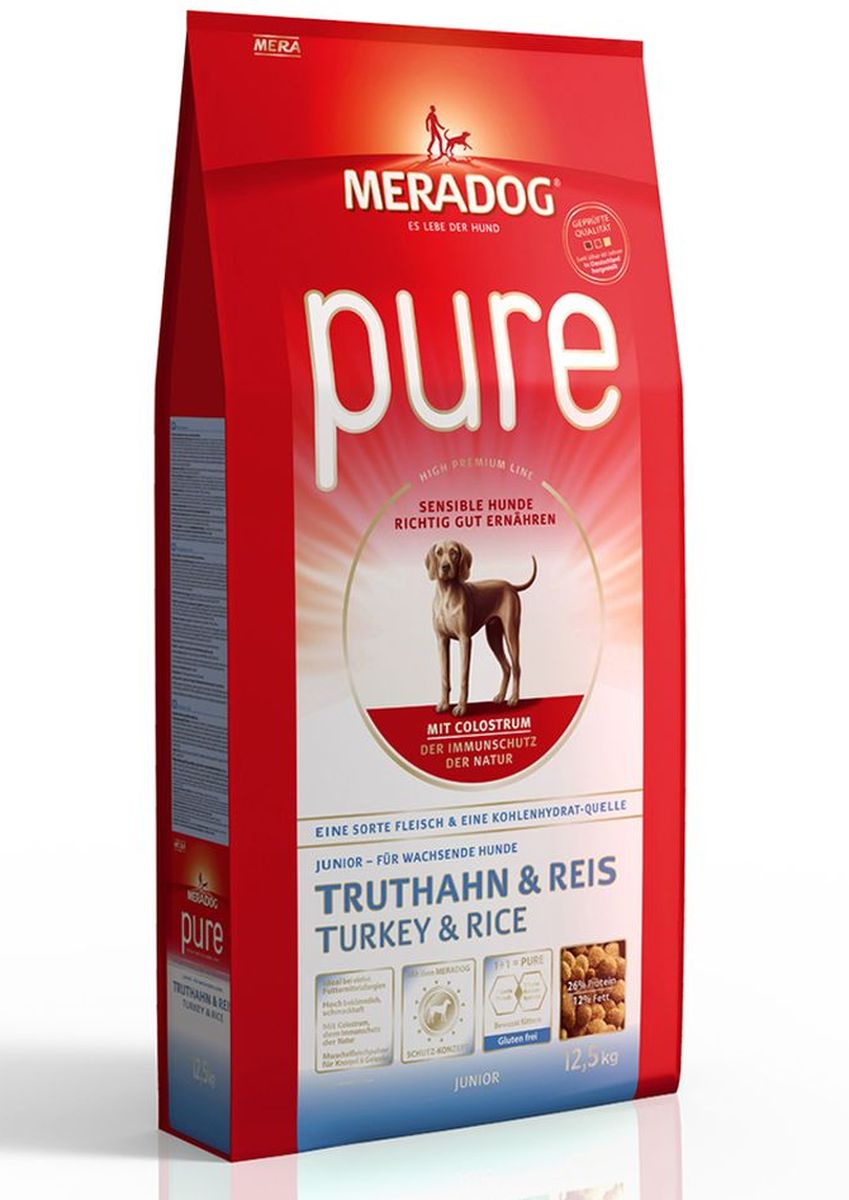 Корм сухой Meradog Pure Junior Turkey & Rice, для растущих собак с проблемами в питании/аллергиями, с индейкой и рисом, 4 кг53534 Корм сухой Meradog Pure Junior Turkey & Rice, для растущих собак с проблемами в питании/аллергиями, с индейкой и рисом, 4 кг53534Полнорационный корм для растущих собак с проблемами в питании и/или аллергиями.Для кормящих сук Высококачественный порошок из мяса моллюсков. С колострумом (природная иммунная защита)Без глютена и концепция защиты от MERADOG:антиоксиданты (витамин C, Е, бета-каротин и селен) для оптимальной защиты клеток. Натуральные жирные кислоты Омега-3 и Омега-6 (масло лосося, подсолнечное масло и масло льняных семян), а также хелат цинка для кожи и шерсти. Пребиотический инулин для стабильной кишечной флоры и надежного пищеварения. Высококачественный животный белок (индейка) для поддержания оптимального телосложения и обмена веществ. Идеально при многих пищевых аллергий. Только один источник углеводов и только один вид мяса. Колострум, маннан-олигосахариды и бета-глюканы для оптимальной иммунной защиты.