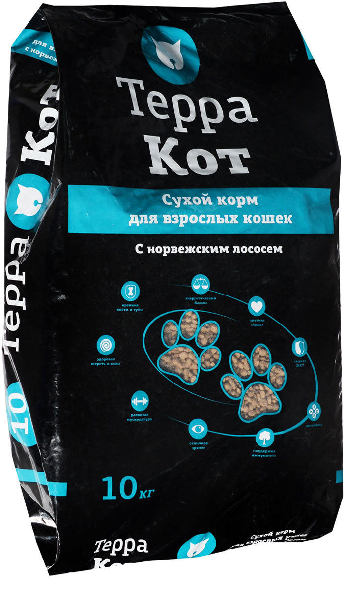 Корм сухой Терра Кот, для взрослых кошек, с норвежским лососем, 10 кг00-00000460 Корм сухой Терра Кот, для взрослых кошек, с норвежским лососем, 10 кг00-00000460Сухой корм Терра Кот - это полноценное сбалансированное питание для взрослых кошек, разработанное с использованием современных технологий. В состав корма входят все необходимые питательные вещества, включая витамины. Корм легко усваивается и имеет прекрасный вкус. Основные питательные вещества гарантируют сильные кости, превосходные мускулы, здоровую кожу и шерсть. Порадуйте своего любимца вкусным и полезным продуктом. Товар сертифицирован.