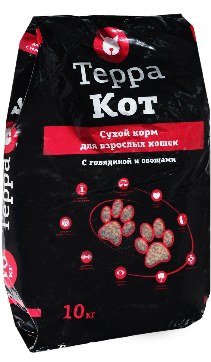 Корм сухой Терра Кот, для взрослых кошек, с говядиной и овощами, 10 кг0120710 Корм сухой Терра Кот, для взрослых кошек, с говядиной и овощами, 10 кг0120710Сухой корм Терра Кот - это полноценное сбалансированное питание для взрослых кошек, разработанное с использованием современных технологий. В состав корма входят все необходимые питательные вещества, включая витамины. Корм легко усваивается и имеет прекрасный вкус. Основные питательные вещества гарантируют сильные кости, превосходные мускулы, здоровую кожу и шерсть.Порадуйте своего любимца вкусным и полезным продуктом. Товар сертифицирован.