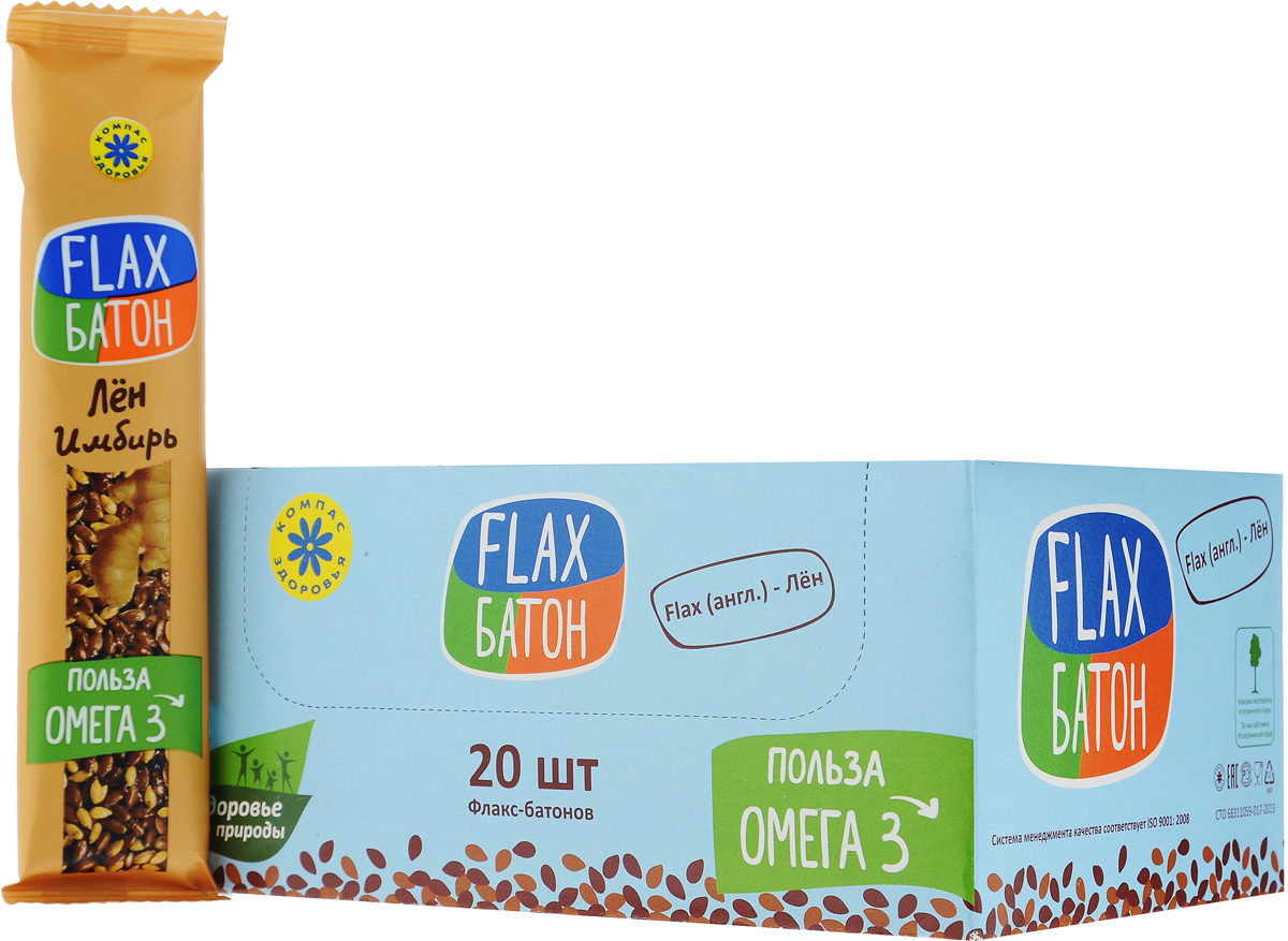 Компас Здоровья Flax батончик с имбирем, 30 г (20 шт)0120710 Компас Здоровья Flax батончик с имбирем, 30 г (20 шт)0120710Батончик с имбирем Компас Здоровья Flax - это чудесная палочка-выручалочка. Семена льна – богатейший источник селена, магния, калия и незаменимой Омега 3, нужной каждой клетке организма.Полезная сладость для детей. Имбирь и мед согревают и бодрят, помогают тем, кому не нужны лишние килограммы, а также тем, кого укачивает в дороге. Хороший десерт после тренировок и фитнеса. В батончике отсутствуют консерванты, красители, ГМО. Уважаемые клиенты! Обращаем ваше внимание, что полный перечень состава продукта представлен на дополнительном изображении.