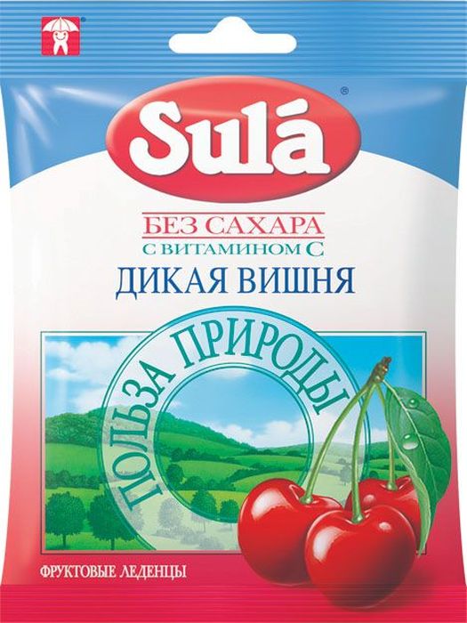 Sula Дикая вишня фруктовые леденцы, 60 г0120710 Sula Дикая вишня фруктовые леденцы, 60 г0120710В плодах дикой вишни содержится свыше десяти необходимых организму органических кислот и минералов, каротин и витамин С. Вишня тонизирует, успокаивает нервную систему, повышает иммунитет и сопротивляемость организма к различным заболеваниям, что так необходимо организму в период интенсивной работы и активного отдыха.