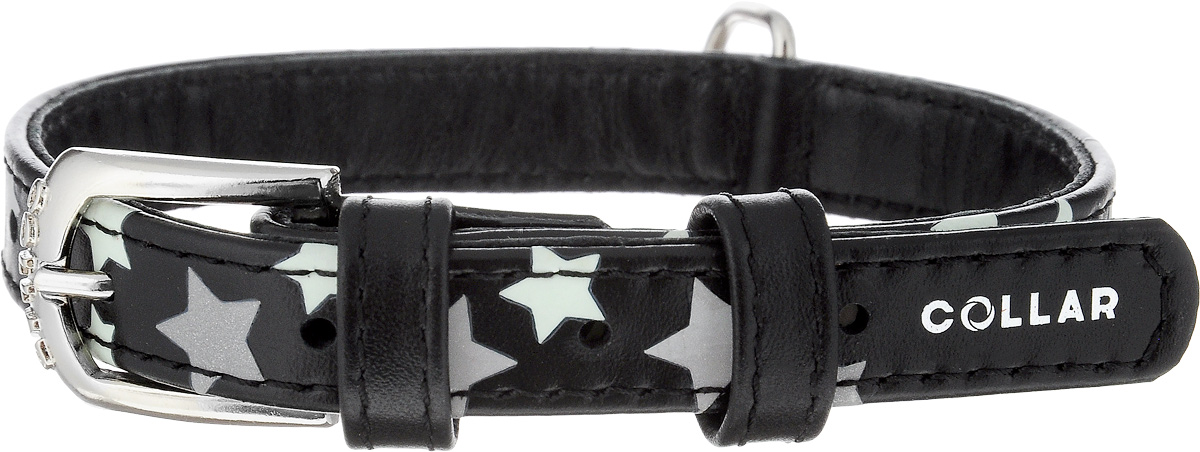 Ошейник для собак CoLLaR Glamour Звездочка, цвет: черный, ширина 1,5 см, обхват шеи 27-36 см35851 Ошейник для собак CoLLaR Glamour Звездочка, цвет: черный, ширина 1,5 см, обхват шеи 27-36 см35851Ошейник для собак CoLLaR Glamour Звездочка изготовлен из натуральной кожи и декорирован оригинальным рисунком. Специальная технология печати по коже позволяет наносить на ошейник устойчивый рисунок, обладающий одновременно светоотражающим и светонакопительным эффектом. Ошейник устойчив к влажности и перепадам температур. Сверхпрочные нити, крепкие металлические элементы делают ошейник надежным и долговечным. Обхват ошейника регулируется при помощи пряжки. Ошейник оснащен металлическим кольцом для крепления поводка. Изделие отличается высоким качеством, удобством и универсальностью. Минимальный обхват шеи: 27 см. Максимальный обхват шеи: 36 см. Ширина ошейника: 1,5 см.