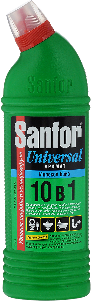 Средство для чистки и дезинфекции Sanfor Universal, 10 в 1, морской бриз, 750 мл4602984004065 Средство для чистки и дезинфекции Sanfor Universal, 10 в 1, морской бриз, 750 мл4602984004065Sanfor Universal заменит 10 специальных чистящих средств для разных поверхностей и областей применения: легко и быстро отчистит раковины, ванны и душевые кабины, унитазы, сливы и водостоки, керамическую плитку, любые твердые моющиеся напольные покрытия, настенные панели, моющиеся обои, бытовую технику. Подходит для уборки и дезинфекции туалетов для животных. Эффективно устраняет серый налет, плесень, жир, мыльные потеки, въевшиеся пятна от продуктов питания и другие загрязнения. Благодаря загущенной формуле экономичен в расходе. Обеспечивает свежий запах. Обладает антимикробными свойствами. Состав: 5 % или более, но менее 15 % - гипохлорит натрия (калия), менее 5 % - АПАВ и НПАВ, менее 5 %: щелочь, ароматизатор. Товар сертифицирован.