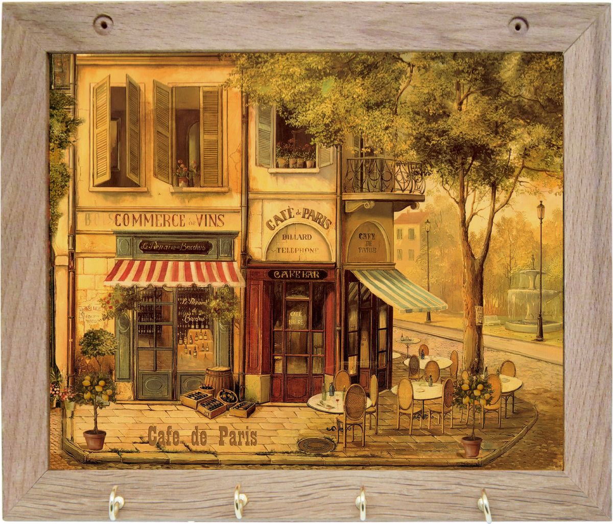 Вешалка GiftnHome Парижское кафе, с 4 крючками, 20 х 25 смTH-Cafe Вешалка GiftnHome Парижское кафе, с 4 крючками, 20 х 25 смTH-CafeВешалка GiftnHome Парижское кафе в стиле Art-Casual изготовлена из натурального дерева в комбинации с модными цветными принтами на корпусе от Креативной студии AntonioK. Вешалка снабжена 4 металлическими крючками для подвешивания аксессуаров, полотенец, прихваток и другого текстиля. Это изделие больше, чем просто вешалка, оно несет интерьерное решение, задает настроение и стиль на вашей кухне, столовой или дачной веранде. Art-Casual значит буквально повседневное искусство. Это новый стиль предложения обычных домашних аксессуаров в качестве элементов, задающих стиль и шарм окружающего пространства. Уникальное сочетание привычной функциональности и декоративной, интерьерной функции - это актуальная, современная тенденция от прогрессивных производителей товаров для дома.