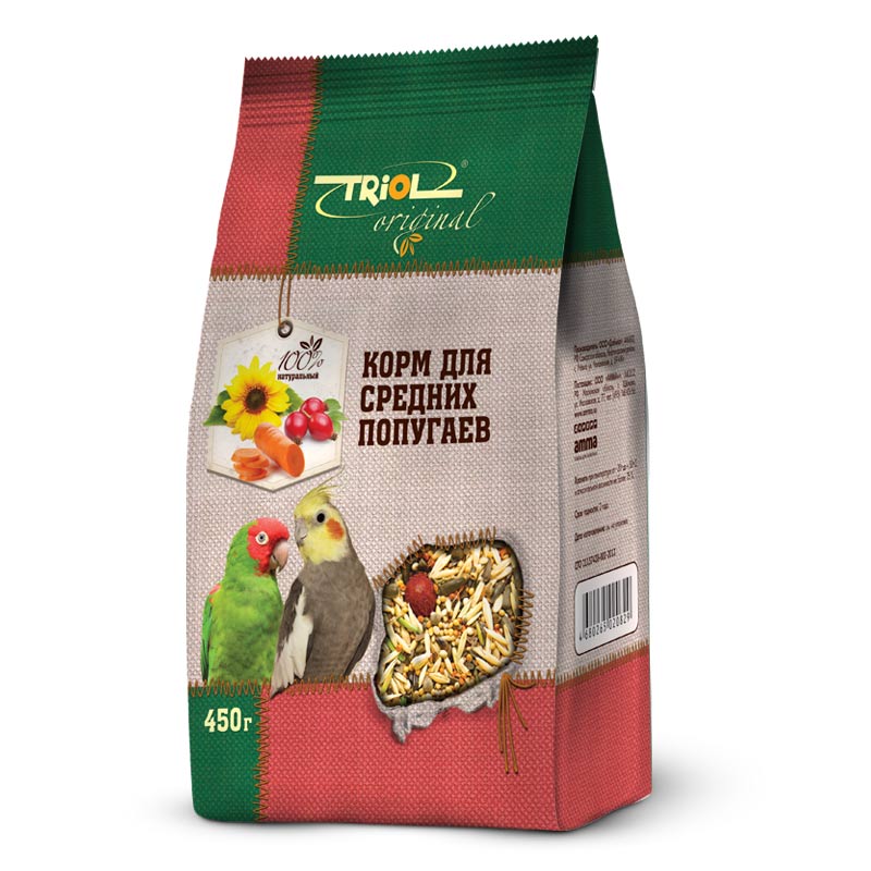 Корм Triol Original, для средних попугаев, 450 гTF-00400 Корм Triol Original, для средних попугаев, 450 гTF-00400Корма и лакомства Triol Original содержат только натуральные ингредиенты и изготовлены из отборного зерна. Оригинальная рецептура учитывает пещевые потребности вашего пернатого питомца. Сбалансированный и разнообразный состав не только удовлетворяет вкусовым предпочтениям, но и укрепляет здоровье. Полнорационный корм, разработанный специально для средних попугаев. Изготовлен исключительно из натуральных ингредиентов природного происхождения, упакован в практичный четырехшовный пакет с плоским дном, сохраняющим свежесть корма. Состав: Просо белое, просо красное, семена подсолнечника, овёс, овёс очищенный, гречка, ячмень, конопля, канареечник, суданка, сорго, сафлор, морковь, шиповник, витаминный комплекс. Попугайчики - шумные и суетливые создания. В каждое кормление насыпайте столько корма, сколько птичка сможет съесть за один приём - излишки могут испачкаться или испортиться. Лучше добавлять свежую порцию по необходимости. Обязательно проконсультируйтесь у заводчика попугая, как...