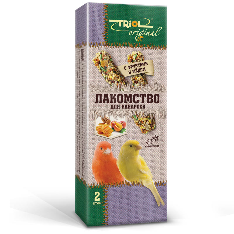 Лакомство для канареек Triol Original, с фруктами и медом, 2 штTF-20600 Лакомство для канареек Triol Original, с фруктами и медом, 2 штTF-20600Корма и лакомства Triol Original содержат только натуральные ингредиенты и изготовлены из отборного зерна. Оригинальная рецептура учитывает пещевые потребности вашего пернатого питомца. Сбалансированный и разнообразный состав не только удовлетворяет вкусовым предпочтениям, но и укрепляет здоровье. Лакомство для канареек с фруктами и мёдом: в картонной коробке две палочки лакомства (запаяны в полиэтиленовый пакет для сохранения свежести продукта). Лакомство - дополнительное питание и развлечение для Вашего птички, позволяющее также поточить клюв, что необходимо декоративным птицам, живущим в неволе. Вес 2 палочек - 88 г.