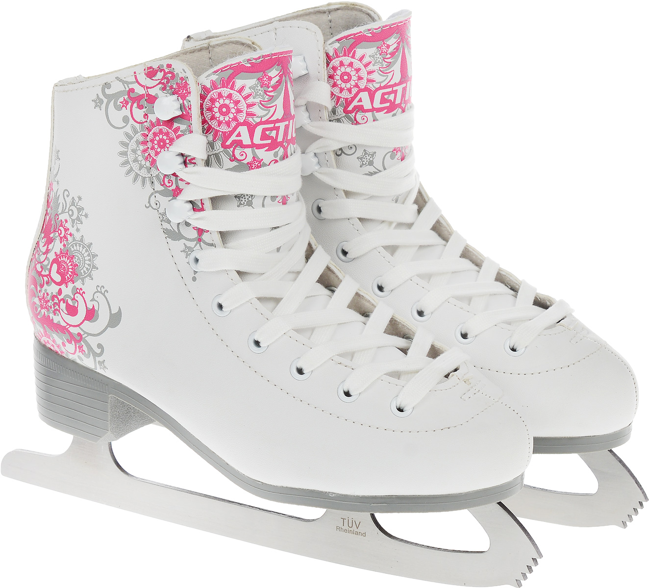 Коньки фигурные женские Action Sporting Goods, цвет: белый, фуксия, серый. PW-222. Размер 41PW-222 Коньки фигурные женские Action Sporting Goods, цвет: белый, фуксия, серый. PW-222. Размер 41PW-222Фигурные коньки от Sporting Goods идеально подойдут для любительского катания. Модель выполнена из современной морозоустойчивой искусственной кожи. Внутренняя поверхность и стелька исполнены из мягкого текстиля, который обеспечит тепло и комфорт во время катания. Плотная шнуровка надежно фиксирует модель на ноге. Сбоку и на язычке коньки оформлены принтом с яркими изображениями. Подошва - из твердого пластика. Лезвие из нержавеющей стали со специальным покрытием, придающим дополнительную прочность, обеспечит превосходное скольжение. Отличительной особенностью фигурных коньков является поддержка голеностопа и наличие короткого ряда зубьев на передней части лезвия конька, необходимых для выполнения некоторых элементов фигурного катания: шагов, вращений и прыжков.