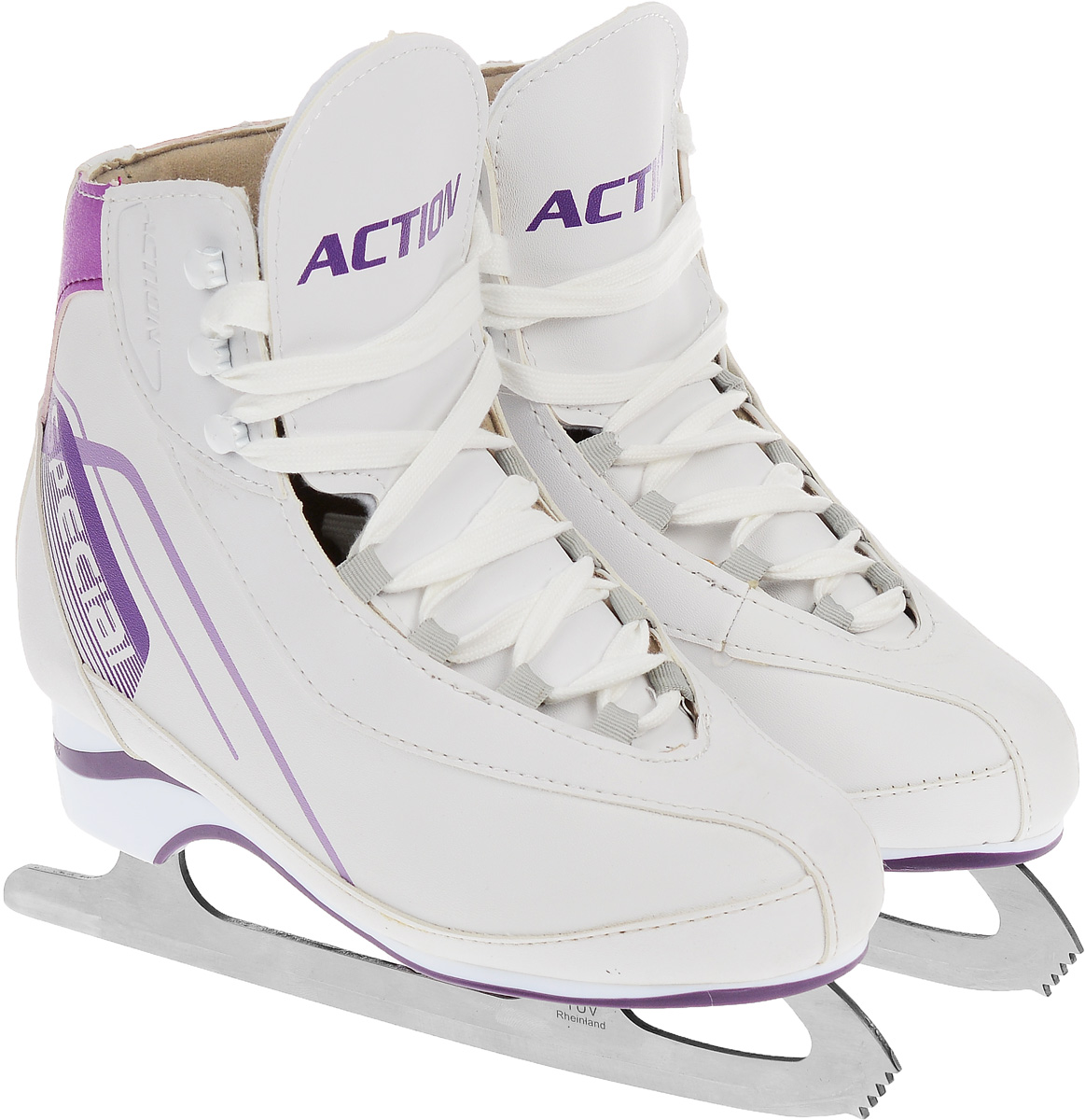 Коньки фигурные женские Action Sporting Goods, цвет: белый, фиолетовый. PW-221. Размер 40PW-221 Коньки фигурные женские Action Sporting Goods, цвет: белый, фиолетовый. PW-221. Размер 40PW-221Фигурные коньки от Sporting Goods идеально подойдут для любительского катания. Модель выполнена из современной морозоустойчивой искусственной кожи. Внутренняя поверхность и стелька исполнены из мягкого текстиля, который обеспечит тепло и комфорт во время катания. Плотная шнуровка надежно фиксирует модель на ноге. Сбоку и на язычке коньки оформлены ярким принтом. Подошва - из твердого пластика. Лезвие из нержавеющей стали со специальным покрытием, придающим дополнительную прочность, обеспечит превосходное скольжение. Особенность данной модели заключается в поддержке голеностопа и в том, что каблук визуально сливается с основной подошвой, придавая коньку изящный вид и современный дизайн.