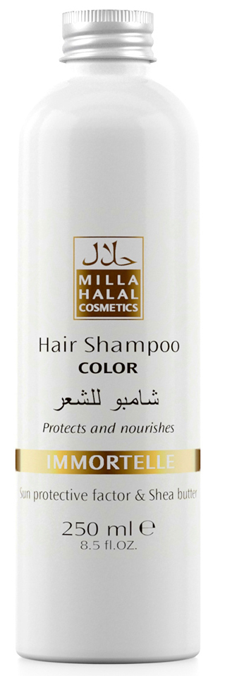 Milla Halal Cosmetics Шампунь для окрашенных волос с маслом ши (карите) и защитным УФ-фактором MILLA IMMORTELLE, 250МЛ10975 Milla Halal Cosmetics Шампунь для окрашенных волос с маслом ши (карите) и защитным УФ-фактором MILLA IMMORTELLE, 250МЛ10975100% натуральный продукт. Шампунь с маслом Ши (Карите) и эфирным маслом Бессмертника итальянского укрепляет волосы, защищает цвет окрашенных волос. После применения шампуня волосы выглядят как свежеокрашенные, имеют нужный тон, становятся блестящими и шелковистыми. Специальная формула шампуня защищает и питает волосы. Солнцезащитный компонент, присутствующий в масле ши, защищает волосы от негативного воздействия окружающей среды, а также способствует устойчивости тона окрашенных волос.