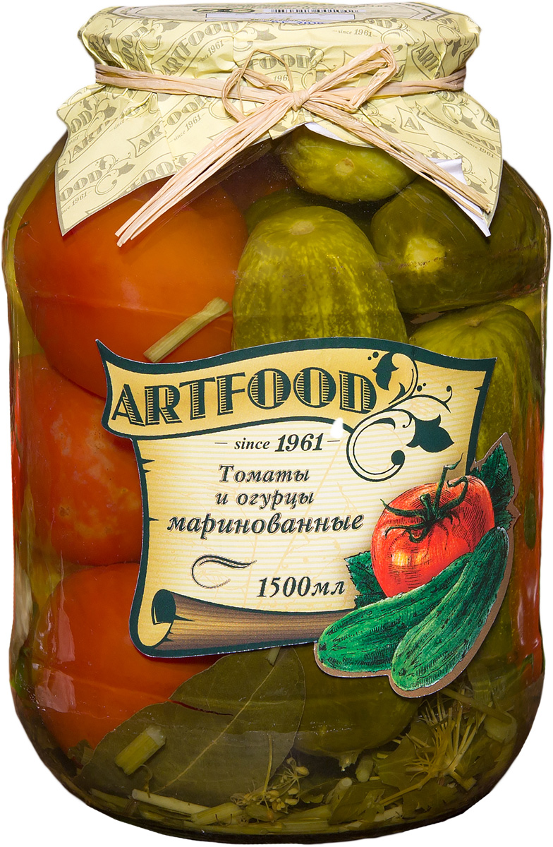 Artfood томаты и огурцы маринованные, 1500 мл23001110200029 Artfood томаты и огурцы маринованные, 1500 мл23001110200029Маринованные помидоры и огурцы чаще всего используют в качестве самостоятельной закуски, которая идеально сочетается с мясными блюдами, гарнирами и алкогольными напитками. Кроме этого подобные овощи можно добавлять в различные блюда, например, в супы, борщи, гарниры, рагу, запеканки, пироги, пиццы, соус.