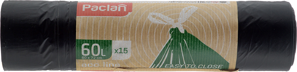 Пакеты для мусора Paclan Eco Line, с завязками, 60 л, 15 шт133780 Пакеты для мусора Paclan Eco Line, с завязками, 60 л, 15 шт133780Пакеты для мусора Paclan Eco Line имеют высокую толщину и плотность материала, что позволяет применять их для выноса большого количества мусора при проведении строительных и ремонтных работ, сезонных уборок уличных территорий. Специальные прочные и удобные завязки помогут легко завязать пакет. Пакеты в рулоне, отрываются строго по линии отрыва. Размер пакета: 60 х 72 см.
