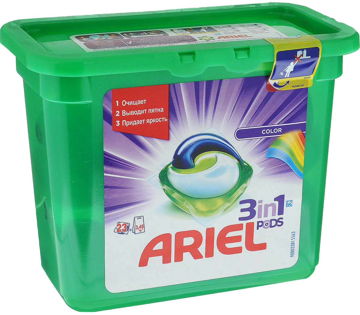 Капсулы для стирки Ariel 3 в 1. Color & Style, для цветного белья, 23 штAG-81551501 Капсулы для стирки Ariel 3 в 1. Color & Style, для цветного белья, 23 штAG-81551501Капсулы Ariel 3 в 1. Color & Style - это инновация! Первое средство для стирки с тремя раздельными компонентами, которые работают вместе. Они очищают, выводят пятна и придают тканям яркость. Компоненты находятся в отдельных секциях капсулы, что предотвращает их смешивание до начала стирки. • Первое средство для стирки из 3 компонентов! • Инновационная защитная быстрорастворимая пленка сохраняет компоненты отдельно друг от друга, что предотвращает их смешивание до начала стирки. • Непревзойденная эффективность: Ariel Pods 3 в 1. Color & Style - лучшее жидкое средство для стирки. Для наилучшего результата используйте вместе с кондиционером для белья Lenor. Товар сертифицирован.