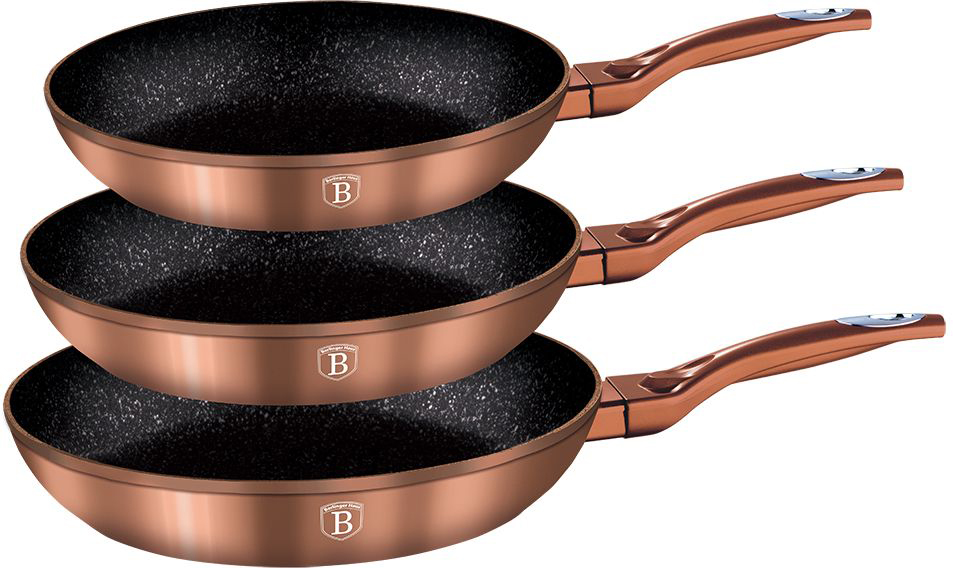 Набор сковород Berlinger Haus Metallic Line, с мраморным покрытием, цвет: медный, 3 шт1278-ВН Набор сковород Berlinger Haus Metallic Line, с мраморным покрытием, цвет: медный, 3 шт1278-ВННабор Berlinger Haus Metallic Line включает 3 сковороды разного диаметра, изготовленные из кованого алюминия с высококачественным внутренним мраморным покрытием в 3 слоя. Такое покрытие предотвращает пригорание пищи и ее прилипание к стенкам. Оно абсолютно безопасно для здоровья и не выделяет вредных веществ во время готовки. Внешнее покрытие имеет цвет металла. Специальное индукционное дно TURBO INDUCTION экономит 35% энергии. Тепло распределяется равномерно по всей поверхности посуды, что позволяет пище готовиться быстрее. Сковороды оснащены эргономичными ручками с покрытием soft-touch, которые не нагреваются в процессе приготовления пищи и не дают вашим рукам обжечься. Посуда подходит для газовых, электрических, стеклокерамических, галогенных, индукционных плит. Можно мыть в посудомоечной машине. Диаметр сковород: 20 см, 24 см, 28 см. Высота стенки сковород: 4,2 см, 5 см, 5,5 см.
