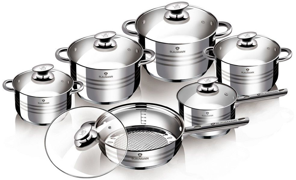 Набор посуды Blaumann Gourmet Line, 12 предметов. 3135-ВL3135-ВL Набор посуды Blaumann Gourmet Line, 12 предметов. 3135-ВL3135-ВLНабор посуды 12 пр, материал: нержавеющая сталь Включают в себя: Кастрюля с крышкой 24x14,5 см, 6,5л Кастрюля с крышкой 20х12,5 см, 3,9л Кастрюля с крышкой 18x11,5 см, 2,9л Кастрюля с крышкой 16x10,5 см ,2,1л Ковш с крышкой 16x10,5 см, 2,1л Сковорода с крышкой 24х7,5 см Упаковка: коробка