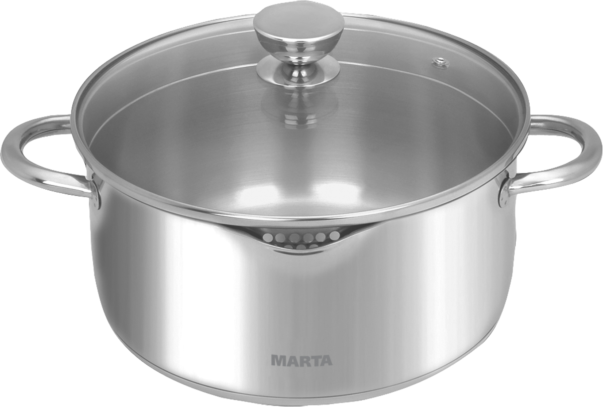 Кастрюля Marta с крышкой, 5,4 лMT-2903 Кастрюля Marta с крышкой, 5,4 лMT-2903Кастрюля Marta выполнена из высококачественной пищевой нержавеющей стали 18/10. Трехслойное капсульное дно с впрессованной алюминиевой пластиной между двух слоев из нержавеющей стали обеспечивает отличную теплопроводность, быстрый нагрев, идеальное распределение и долгое сохранение тепла. Крышка, изготовленная из закаленного термостойкого стекла, снабжена отверстиями для слива жидкости, паровыпускным клапаном и металлическим ободом для предотвращения сколов. Благодаря паровыпускному клапану пар равномерно покидает кастрюлю в процессе приготовления, исключая риск ожогов и избыточного давления внутри кастрюли. Для комфортной и безопасной работы ручки кастрюли и крышки не нагреваются. Высококачественные материалы и технология изготовления позволяют кастрюле сохранить вкус и аромат приготовленных блюд натуральными, а также сэкономить электроэнергию за счет быстрого равномерного прогрева и сохранения тепла. Кастрюля подходит для мытья в...