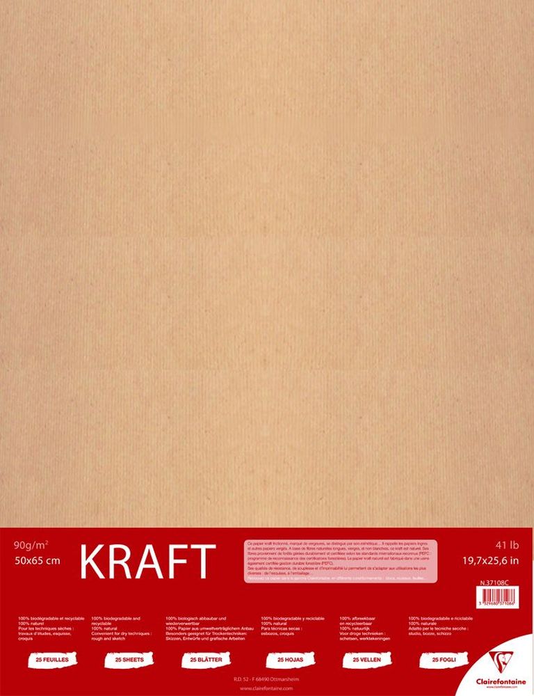 Бумага Clairefontaine Kraft, 50 х 65 см, 25 листов37108С Бумага Clairefontaine Kraft, 50 х 65 см, 25 листов37108СНабор бумаги KRAFT (50х65, 90г, 25л) 37108С