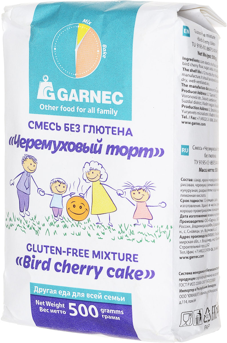 Гарнец Черемуховый торт мучная смесь без глютена, 500 г4607052662185 Гарнец Черемуховый торт мучная смесь без глютена, 500 г4607052662185Черёмуха придаёт торту вкус и запах миндаля, а также содержит в себе множество полезных для организма веществ: железо, марганец, цинк, медь, кобальт и магний, витамин С, каротин и флавоноиды. Порадуйте своих близких и гостей тортом собственного приготовления! Уважаемые клиенты! Обращаем ваше внимание, что полный перечень состава продукта представлен на дополнительном изображении.