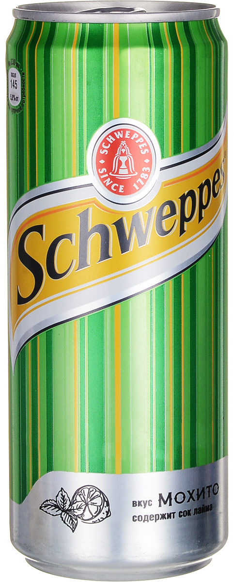 Schweppes Мохито напиток сильногазированный, 0,33 л1378901 Schweppes Мохито напиток сильногазированный, 0,33 л1378901Schweppes Мохито - освежающий напиток со вкусом лайма и мяты с традиционной для Schweppes горчинкой. Это изысканный продукт, пополнивший портфель бренда Schweppes в 2015 году. Уважаемые клиенты! Обращаем ваше внимание на то, что упаковка может иметь несколько видов дизайна. Поставка осуществляется в зависимости от наличия на складе. Уважаемые клиенты! Обращаем ваше внимание, что полный перечень состава продукта представлен на дополнительном изображении.