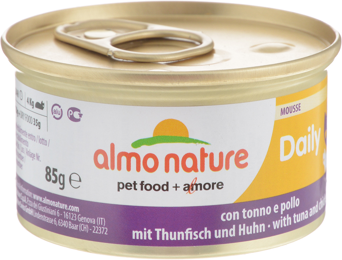 Консервы Almo Nature для кошек, с тунцом и курицей, 85 г20351 Консервы Almo Nature для кошек, с тунцом и курицей, 85 г20351Консервы для кошек Almo Nature сохраняют свежесть каждого кусочка. Корм изготовлен только из свежих высококачественных натуральных ингредиентов, что обеспечивает здоровье вашей кошки. Не содержит ГМО, антибиотиков, химических добавок, консервантов и красителей. Состав: мясо и его производные, рыба и ее производные (тунец 4%, треска 4%), минералы, экстракт растительного белка. Пищевые добавки: витамин A 1110 IU/кг, витамин D3 140 IU/кг, витамин E 10 мг/кг, таурин 490 мг/кг,сульфат меди пентагидрат 4,4 мг/кг (Cu 1,1 мг/кг), камедь кассии 3 г/кг. Пищевая ценность: белки 9.5%, клетчатка 0.4%, масла и жиры 6%, зола 2%, влажность 81%. Товар сертифицирован. Калорийность: 881ккал/кг.