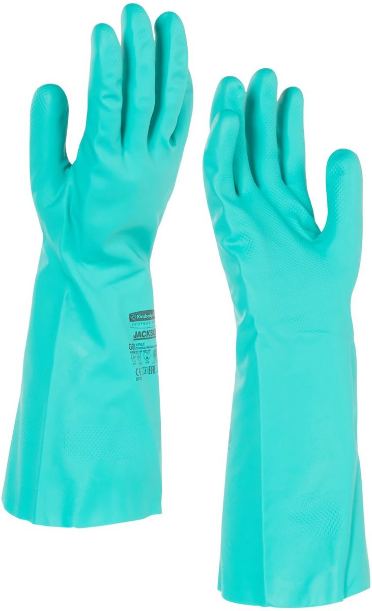 Перчатки хозяйственные Jackson Safety G80, размер 9 (L), цвет: зеленый, 60 пар2706 (ПО) Перчатки хозяйственные Jackson Safety G80, размер 9 (L), цвет: зеленый, 60 пар2706 (ПО)Ассортимент перчаток для защиты рук от химических веществ и механических воздействий - повышают безопасность работ и сокращают затраты. Нитриловые перчатки длиной 33 см являются СИЗ категории III (CE Complex), применяются в различных отраслях промышленности: нефтехимической, авиационной, автомобильной, металлообрабатывающей, пищевой, а также в машиностроении, - для работы с химическими веществами, маслами, смазками, спиртами, кислотами, растворителями, обеспечивая возможность погружения руки в перчатке в химические жидкости. Обладают высокой стойкостью к истиранию (4 - EN 388). Внутренняя сторона перчатки обработана специальным хлопковым напылением, которое позволяет легко надевать и снимать перчатки. Допустимы к применению в пищевой промышленности.Формат поставки: пара не содержащих латекс перчаток; индивидуальный дизайн для левой и правой руки; специальный рельеф наконечников пальцев обеспечивает отличный захват в сухом и влажном состоянии; флокированный внутренний слой облегчает надевание и повышает комфорт при длительном ношении.Размеры:94445 - 7 (S)94446 - 8 (M)94447 - 9 (L)94448 - 10 (XL)94449 - 11 (XXL)
