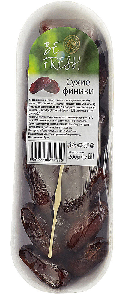 BeFresh финики сухие, 200 г0120710 BeFresh финики сухие, 200 г0120710Сухие финики BeFresh - мягкие и полумягкие плоды с нежной мякотью темного цвета. Идеально подходят в качестве легкого и низкокалорийного перекуса.Уважаемые клиенты! Обращаем ваше внимание, что полный перечень состава продукта представлен на дополнительном изображении.