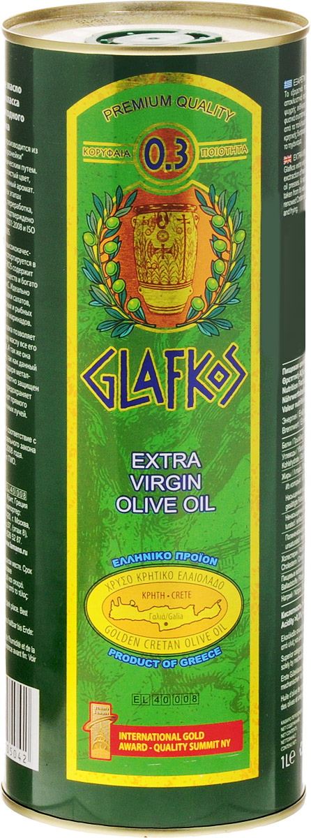 Glafkos Extra Virgin масло оливковое, 1 л0120710 Glafkos Extra Virgin масло оливковое, 1 л0120710Оливковое масло Glafkos Extra Virgin производится из оливок сорта Коронейки исключительно механическим путем. Имеет зелено-золотистый цвет, мягкий вкус и насыщенный аромат.Glafkos является высококачественным маслом и экспортируется в 17 стран мира. Glafkos содержит максимум полезных веществ и богато витаминами E, A и C. Идеально подходит для заправки салатов, приготовления мясных и рыбных блюд, прекрасно для маринадов.Металлическая упаковка позволяет сохранить оливковому маслу все его полезные качества. А также она удобна для хранения, так как данный вид упаковки, благодаря металлической основе, абсолютно защищен от повреждений и предохраняет оливковое масло от прямого попадания солнечных лучей.