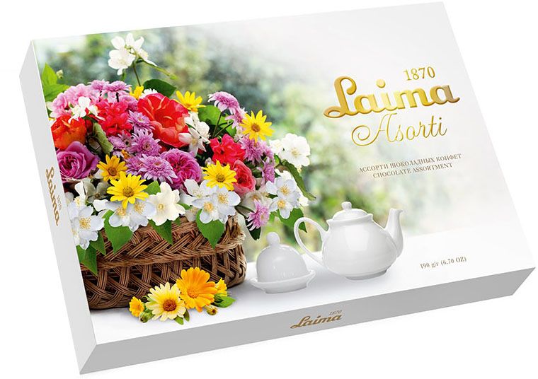 Laima Корзина цветов Ассорти конфет, 190 г0120710 Laima Корзина цветов Ассорти конфет, 190 г0120710Конфеты 5 разных форм и с 3-мя начинками: молочная помадка, фруктовое желе, крем-какао. В коробке европейского дизайна.