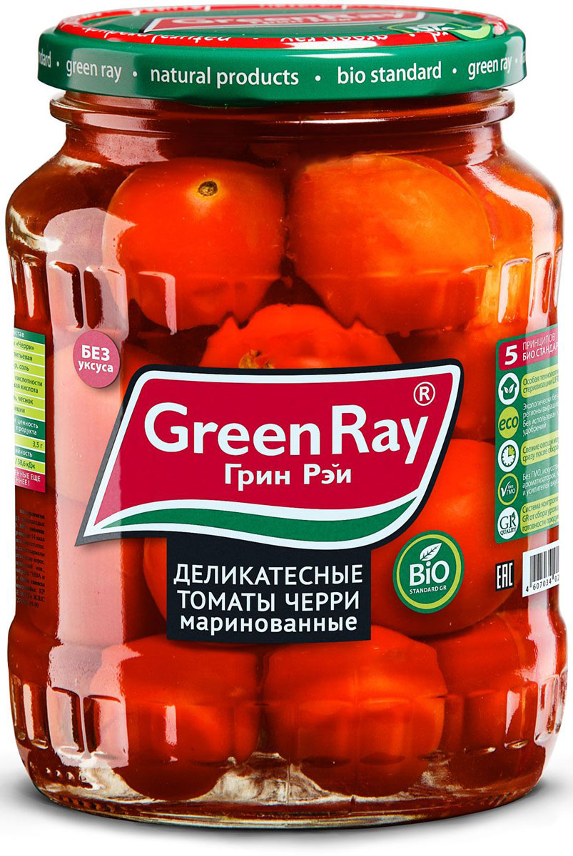 Green Ray деликатесные томаты черри маринованные, 370 мл614 Green Ray деликатесные томаты черри маринованные, 370 мл614Деликатесные маринованные томаты черри Green Ray - это оригинальное кулинарное решение в будни и праздники. Продукт изготовлен из высококачественных ингредиентов по современным технологиям.
