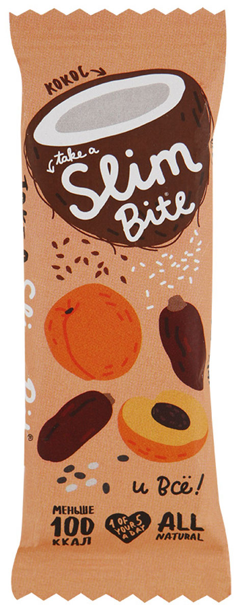Take A Slim Bite Кокос батончик фруктово-ягодный, 30 г4650062591198 Take A Slim Bite Кокос батончик фруктово-ягодный, 30 г4650062591198Фруктово-ягодный батончик Take A Slim Bite - ничего лишнего: только финик, курага и много кокоса. Экзотический вкус натурального кокоса поднимет настроение и придаст энергии на весь день. Уважаемые клиенты! Обращаем ваше внимание, что полный перечень состава продукта представлен на дополнительном изображении.