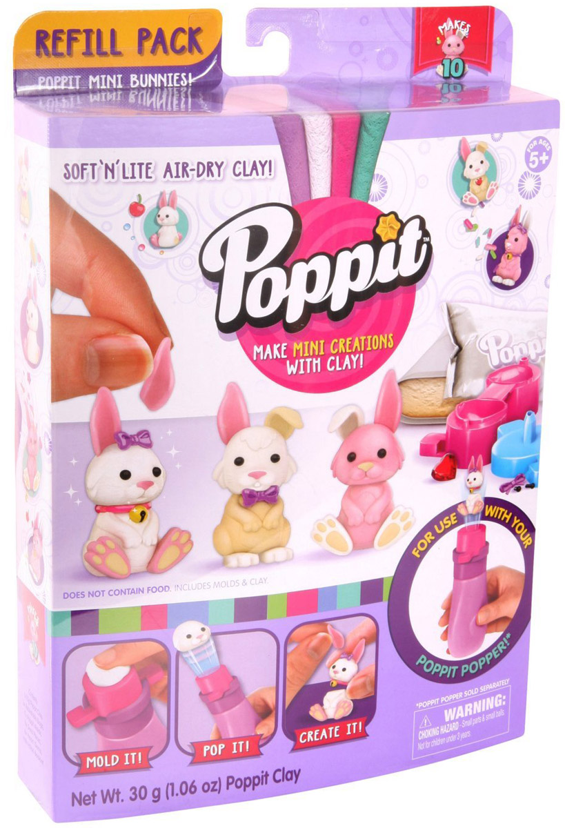Moose Застывающий пластилин Poppit Кролики17409/ast17413(17405,17409,17410) Moose Застывающий пластилин Poppit Кролики17409/ast17413(17405,17409,17410)Poppit - это новая линейка товаров для творчества от известного бренда Moose. Poppit представляет собой сверхлегкий и самотвердеющий пластилин. С ним легко и удобно работать. Для того, чтобы поделка ребенка на долгое время сохранила форму, достаточно оставить ее на воздухе. Пластилин полностью высохнет за 4 часа. С помощью набора Moose Poppit. Кролики ребенок сможет создать фигурки щенков. Благодаря необычной текстуре пластилина, лепка превращается в увлекательную игру. Перед началом работы пластилин необходимо размять для достижения однородности цвета. А еще можно смешивать пластилин разных цветов, чтобы получить новые оттенки! Игры с пластилином подарят массу удовольствия, и помогут развить мелкую моторику рук, аккуратность, творческое мышление и художественный вкус. Уважаемые клиенты! Обращаем ваше внимание, цвет элементов набора может незначительно отличаться от представленного на фото.