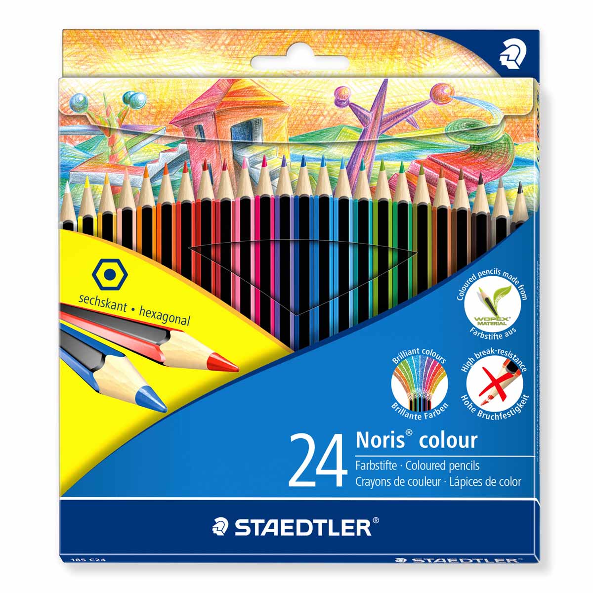 Staedtler Набор цветных карандашей Noris Colour 24 цвета185C24 Staedtler Набор цветных карандашей Noris Colour 24 цвета185C24Новые цветные карандаши Staedtler Noris Club из инновационного материала Wopex. Сделаны из нового природного волокнистого материала: 70% древесины+пластиковый композит. Высокое качество письма, рисования, эскизов. Нескользящая, бархатистая поверхность; особенно ударопрочный корпус и грифель; гладкое письмо. Инновационный, однородный материал Wopex обеспечивает исключительно гладкую и ровную заточку с любым качеством точилки. Текст и рисунки легко стереть. В наборе: 24 цвета.