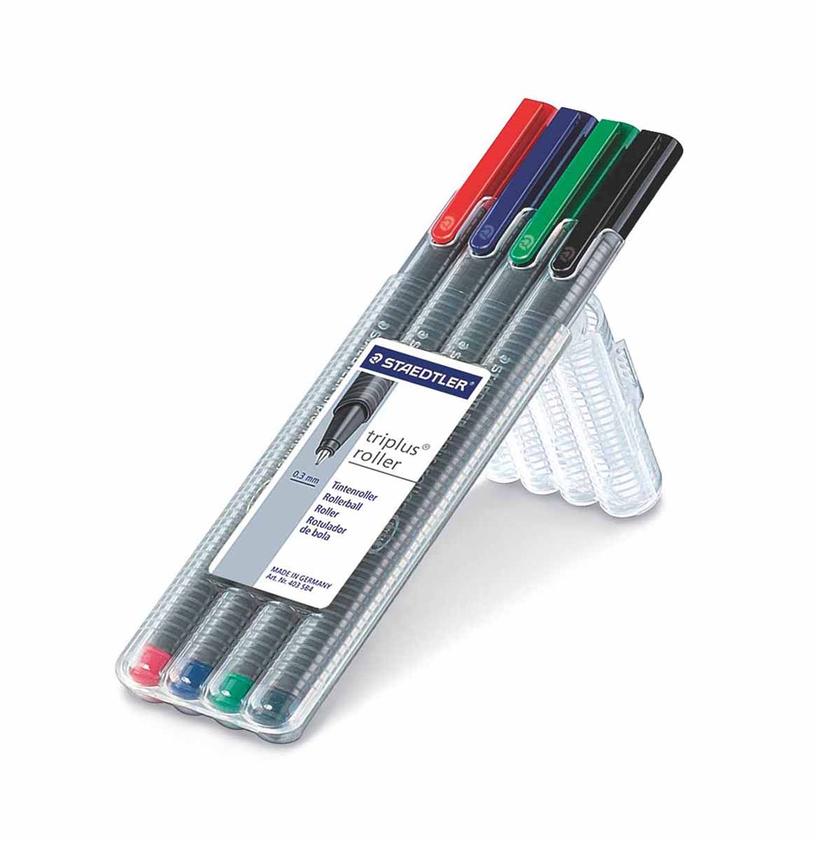 Staedtler Набор ручек-роллеров Triplus 4 цвета403SB4 Staedtler Набор ручек-роллеров Triplus 4 цвета403SB4Набор ручек роллеров Staedtler Triplus подходит как для письма, так и для выполнения части графических работ. Особая конструкция пишущего узла обеспечивает сверхмягкое письмо. Ручки защищены от высыхания, могут находитьсСодержит 4 цвета в ассортименте. Толщина лбез колпачка несколько дней. Толщина линии 0,4мм.