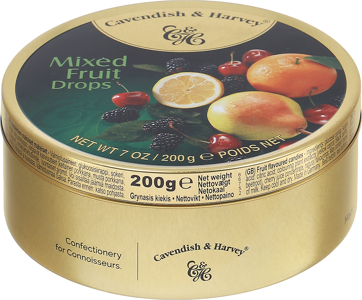 Cavendish & Harvey Фруктовое ассорти леденцы, 200 г0120710 Cavendish & Harvey Фруктовое ассорти леденцы, 200 г0120710Хотите запомнить мгновения уходящего лета? Дерзкая вишня, садовая ежевика, ароматный дюшес в сочетании с яркими цитрусовыми фруктами - вот настоящий микс свежести и невероятного вкуса совершенных леденцов!Эти леденцы очень удобно брать с собой в путешествие, возить в автомобиле и хранить на рабочем месте, поскольку жестяная банка надежно закрывается и не занимает много места.Уважаемые клиенты! Обращаем ваше внимание, что полный перечень состава продукта представлен на дополнительном изображении.