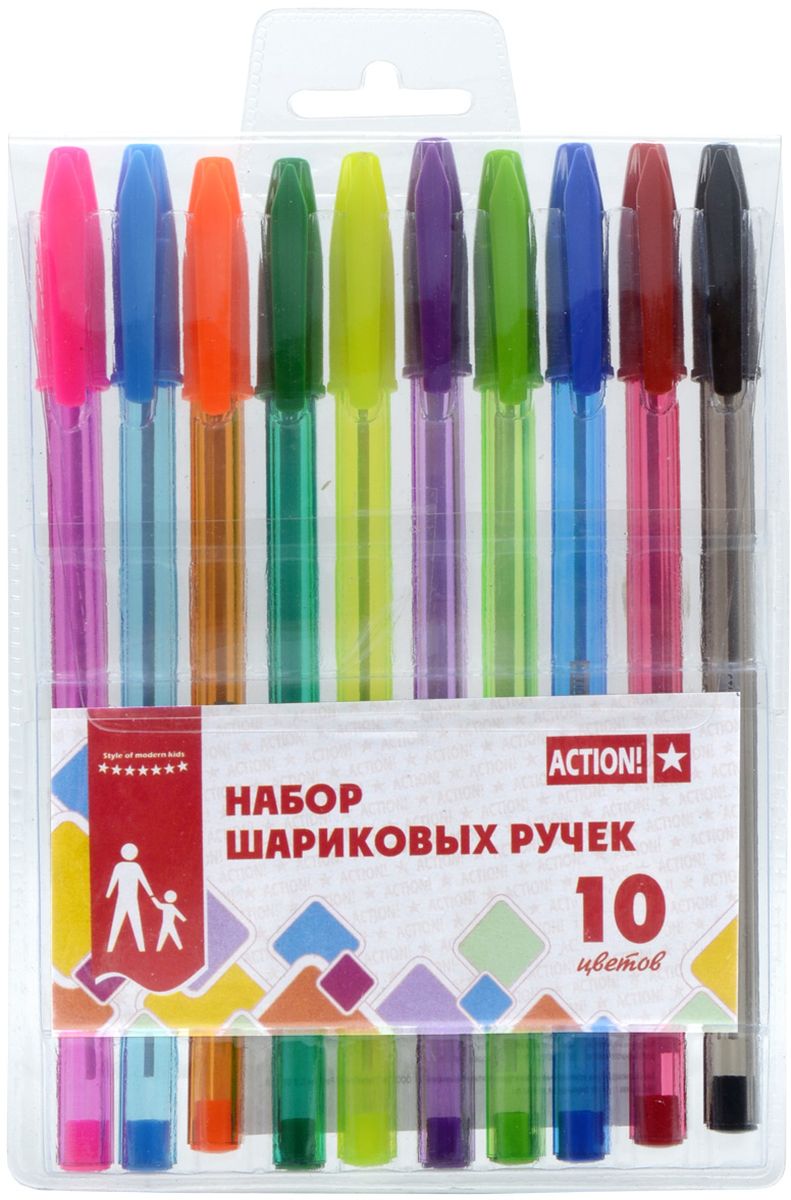 Action! Набор шариковых ручек 10 цветов ABP100196732С Action! Набор шариковых ручек 10 цветов ABP100196732СПластиковый цветной полупрозрачный корпус в цвет чернил. Диаметр шарика – 0,5 мм. 10 цветов. В ПВХ-пенале с европодвесом