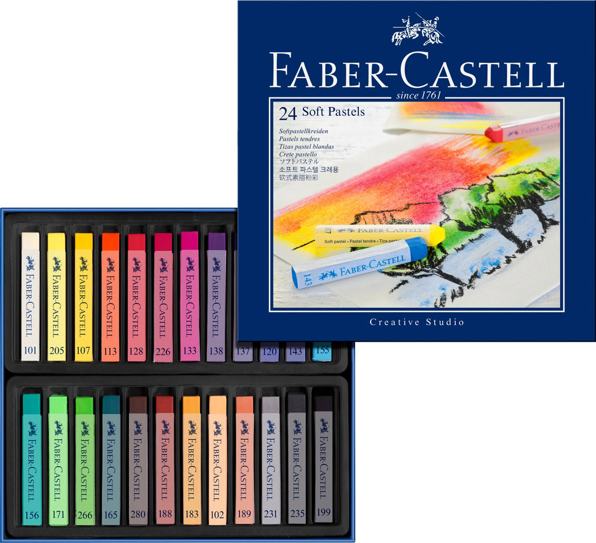 Мягкие мелки Faber-Castell Studio Quality Soft Pastels, 24 штPP-220 Мягкие мелки Faber-Castell Studio Quality Soft Pastels, 24 штPP-220Набор Faber-Castell Studio Quality Soft Pastels содержит мягкие мелки квадратной формы 24 ярких насыщенных цветов. Каждый мелок обернут в бумажную гильзу. Мелки великолепного качества не крошатся при работе, обладают отличными кроющими свойствами, обеспечивают хорошее сцепление с поверхностью, яркость и долговечность изображения. Мягкими мелками Faber-Castell Studio Quality Soft Pastels можно рисовать в любой технике, сочетая их с цветными карандашами и красками.