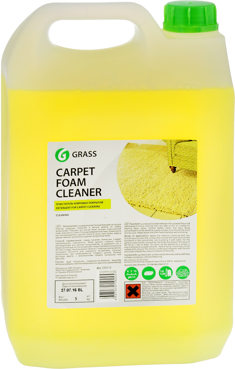 Средство чистящее универсальное Grass Carpet Foam Cleaner, 5 л215111 Средство чистящее универсальное Grass Carpet Foam Cleaner, 5 л215111Универсальное чистящее средство Grass Carpet Foam Cleaner с высоким пенообразованием предназначен для очистки ковровых покрытий и мебели от любых загрязнений. Также подходит для чистки ткани, велюра, искусственной кожи, пластика и стекол. В концентрированном виде применяется как пятновыводитель, удаляет пятна вина, сока, крови, жира, и другие тяжелые загрязнения, удаляет неприятный запах. Концентрат разводится из расчета 50-150 мл на 1 л воды. Товар сертифицирован.