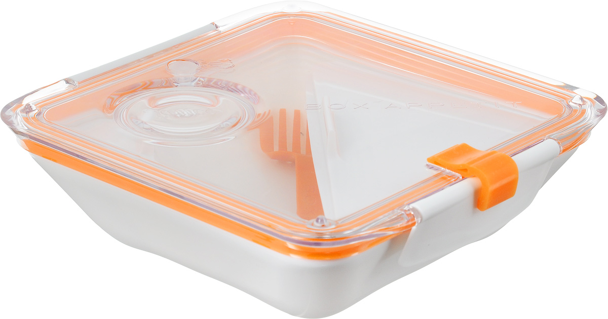 Ланч-бокс Black+Blum Box Appetit, с емкостями и вилкой, цвет: оранжевый, белый, 4 предметаBA003 Ланч-бокс Black+Blum Box Appetit, с емкостями и вилкой, цвет: оранжевый, белый, 4 предметаBA003Ланч-бокс Black+Blum Box Appetit изготовлен из полипропилена. Изделие плотно закрывается на надежную вакуумную крышку с силиконовой прокладкой. Еда из отделений не перемешивается между собой. В комплекте имеются специальные емкости для соусов и гарниров, а также вилка, которая крепится на корпус. Практичный и удобный ланч-бокс Box Appetit займет достойное место среди посуды на вашей кухне. Можно мыть в посудомоечной машине и использовать в микроволновой печи. Объем контейнера: 880 мл. Размер контейнера (с учетом крышки): 19,5 х 19 х 6 см. Размер емкостей: 18,5 х 10 х 4,2 см; 7,8 х 5 х 5,2 см. Длина вилки: 16,2 см.