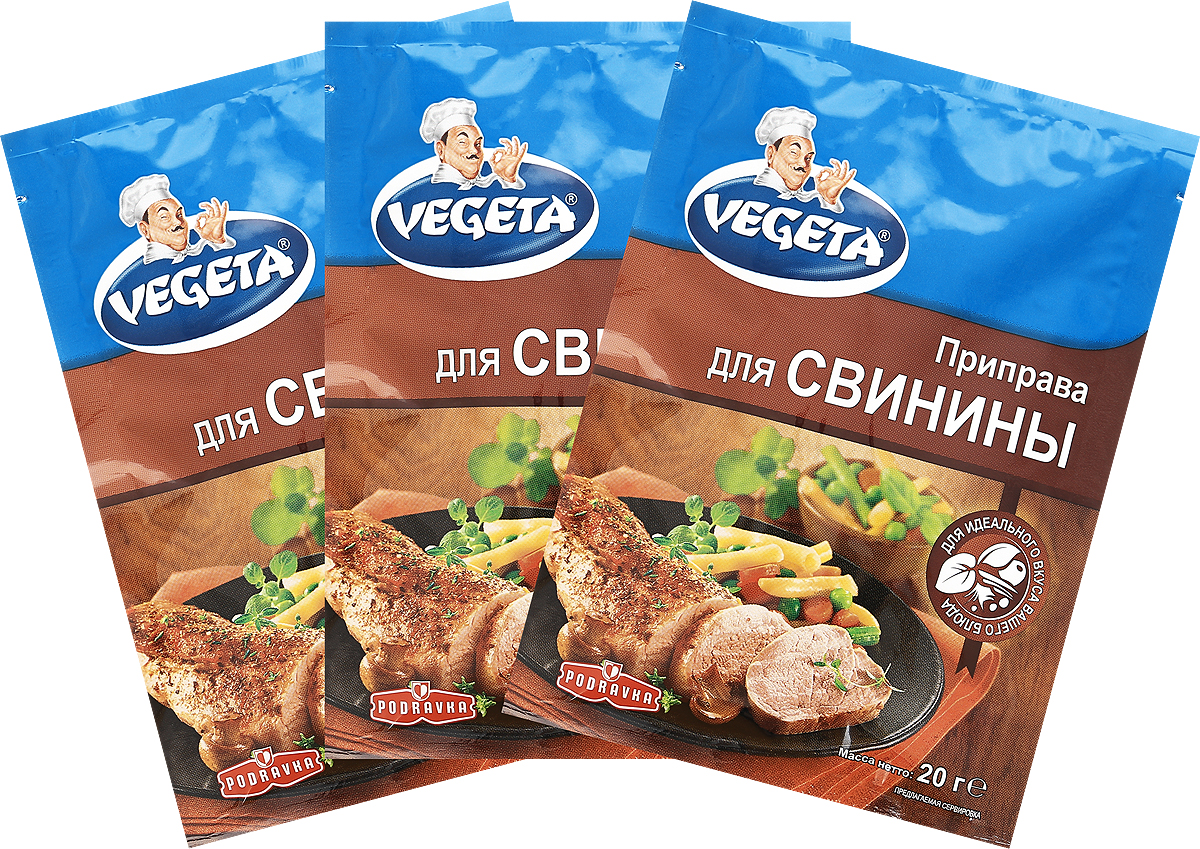 Vegeta приправа для свинины, 3х20 г0120710 Vegeta приправа для свинины, 3х20 г0120710Гармоничное сочетание тщательно подобранных специй, которые содержатся в Vegeta приправе для свинины, идеально подчеркнет, но не заглушит натуральный аромат любимого свиного мяса. Созданная для того, чтобы ускорить процесс маринования мяса, эта приправа облегчает приготовление блюда и позволяет быть уверенным, что вы и ваши близкие смогут насладиться отбивными, шницелями в панировке, с гриля... и все это под девизом: еще сочнее, ароматнее, вкуснее!Единственная в своем роде комбинация овощей и специй для самых вкусных блюд из свинины.Уважаемые клиенты! Обращаем ваше внимание, что полный перечень состава продукта представлен на дополнительном изображении.
